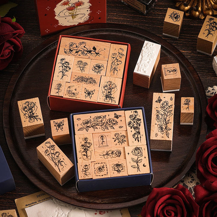 10Pcs Wooden Rose Stamps Rubber Stamp Flower Decotative Stamp Set