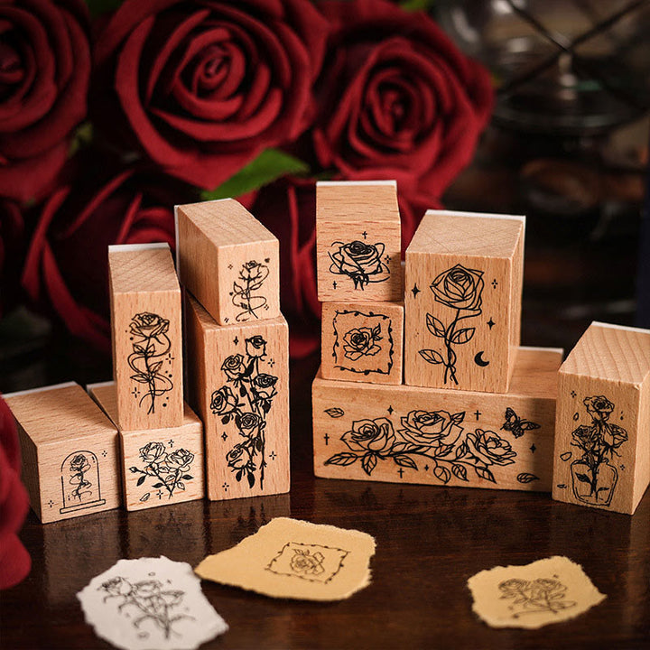 10Pcs Wooden Rose Stamps Rubber Stamp Flower Decotative Stamp Set