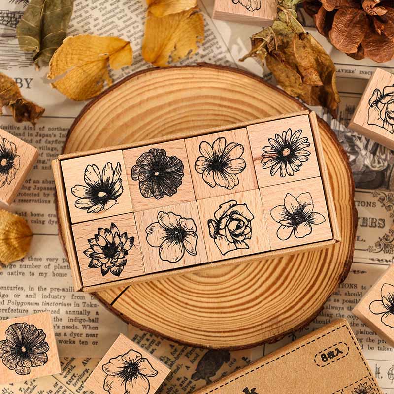 8Pcs Set Floral Rubber Stamps for Crafting Flower Decorative Wooden Stamp