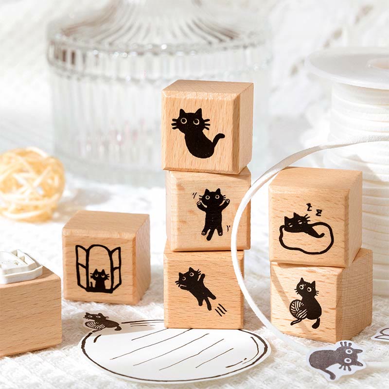 Mini Cute Cat Rubber Stamp 6 Styles Options Wood Rubber Stamps