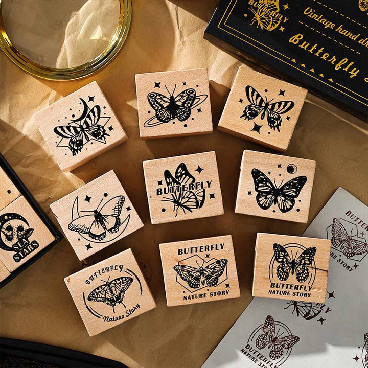 9Pcs Wood Rubber Stamps Sea of Stars and Butterfly Theme DIY Craft Card Stamp