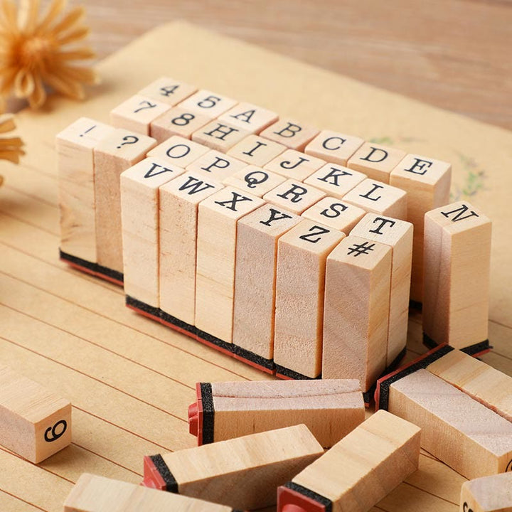 40Pcs Alphabet Wooden Rubber Stamps Set with Inkpad Uppercase Lowercase Letters