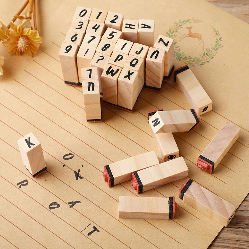 40Pcs Alphabet Wooden Rubber Stamps Set with Inkpad Uppercase Lowercase Letters