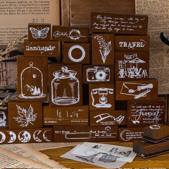 7Pcs Vintage Wood Rubber Stamps Set Theme of Travel Diary Nature Antique