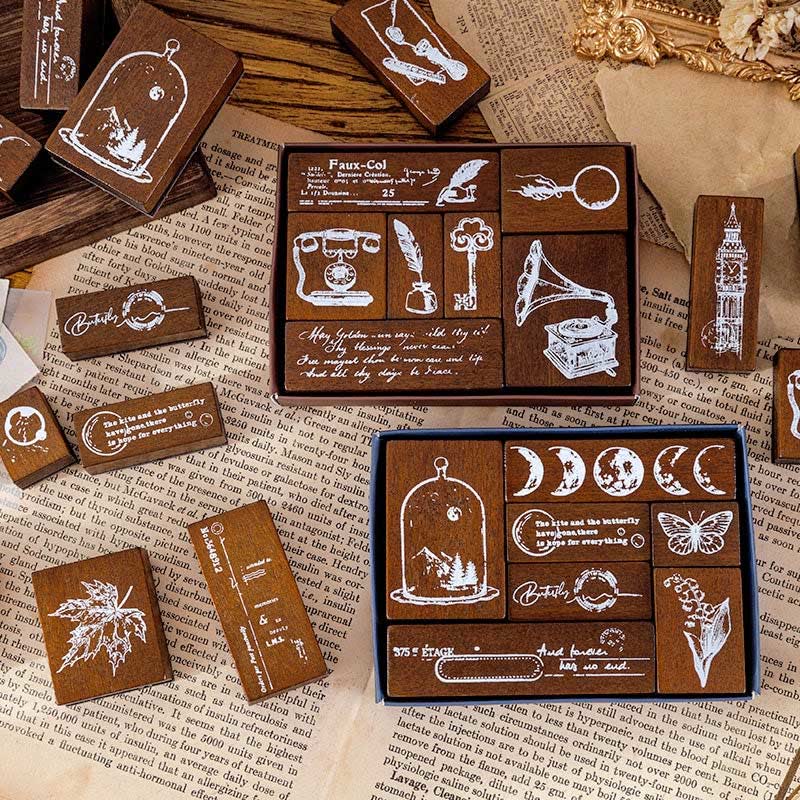 7Pcs Vintage Wood Rubber Stamps Set Theme of Travel Diary Nature Antique