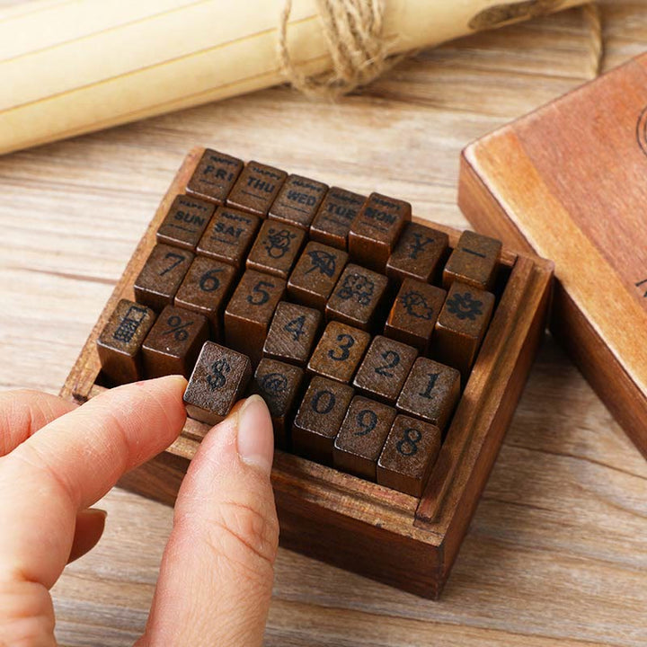 28Pcs Handwriting Schoolbook Alphabet Rubber Stamps Set Retro Wooden Stamps