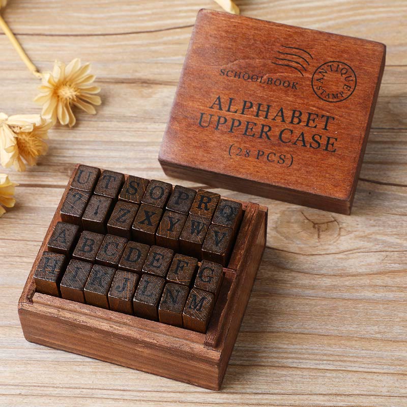 28Pcs Handwriting Schoolbook Alphabet Rubber Stamps Set Retro Wooden Stamps