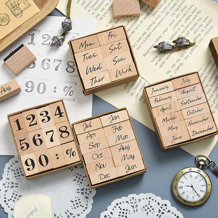 Month Weekday Number Wooden Stamps Set Wooden Stamp Rubber Stamp Set