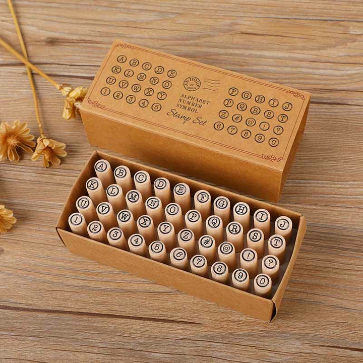 40Pcs Number Round Stamps Wood Rubber Stamps 26 Letters Symbol Seal