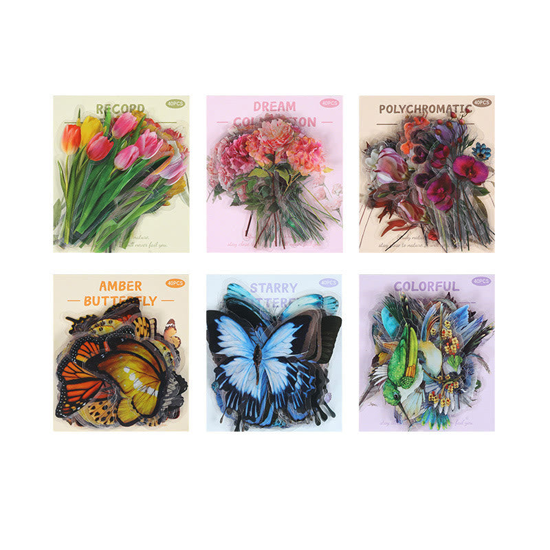 40Pcs Natural Museum Scrapbook Stickers Flowers Plants Insect Bird Mushroom