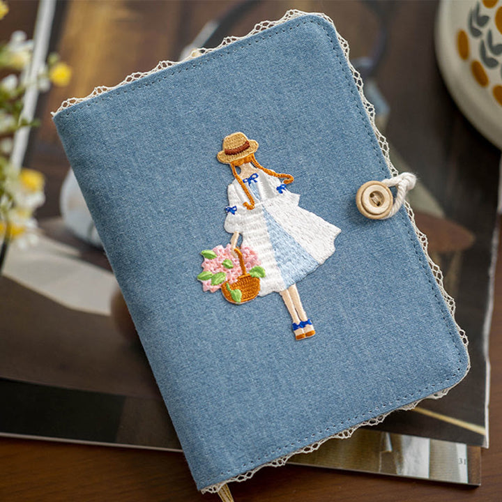 A6/ A5 Embroidered Girl And Flower Cloth Cover Notebook For Journal