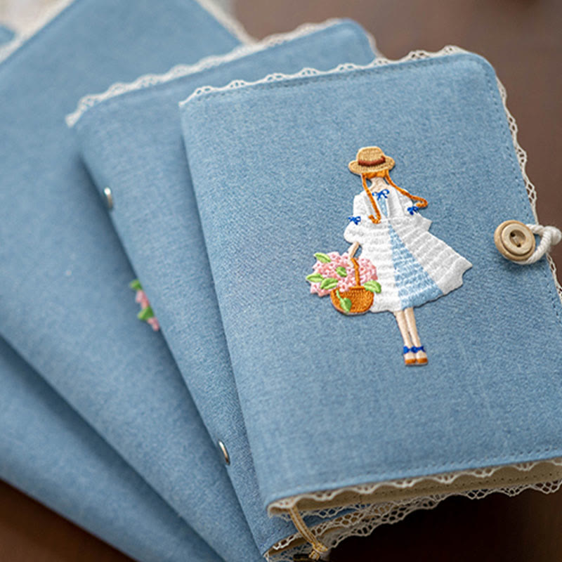 A6/ A5 Embroidered Girl And Flower Cloth Cover Notebook For Journal