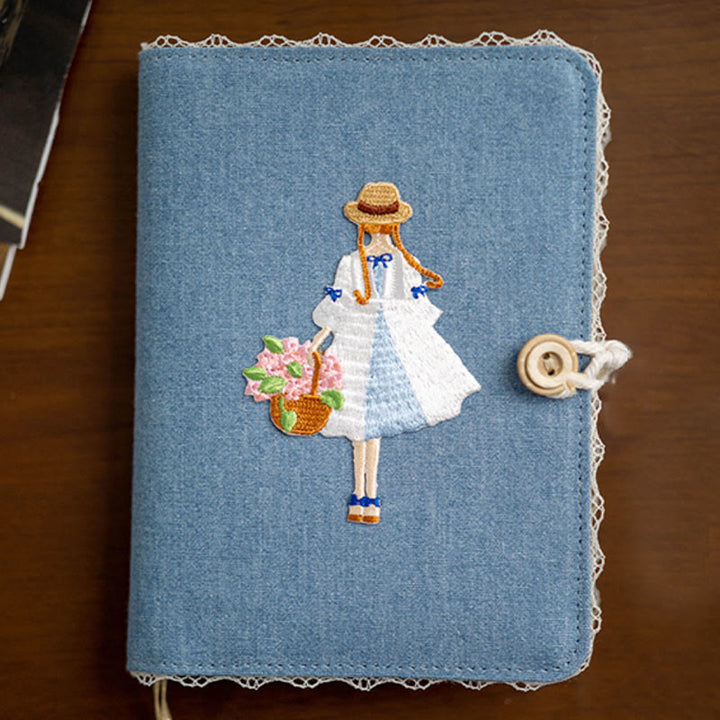 A6/ A5 Embroidered Girl And Flower Cloth Cover Notebook For Journal