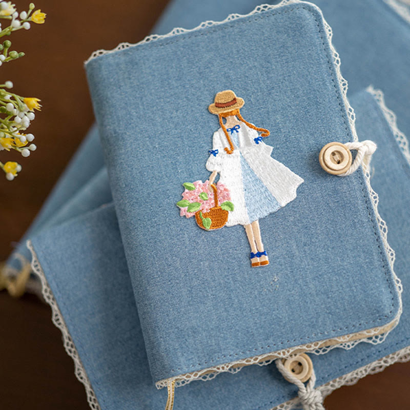 A6/ A5 Embroidered Girl And Flower Cloth Cover Notebook For Journal