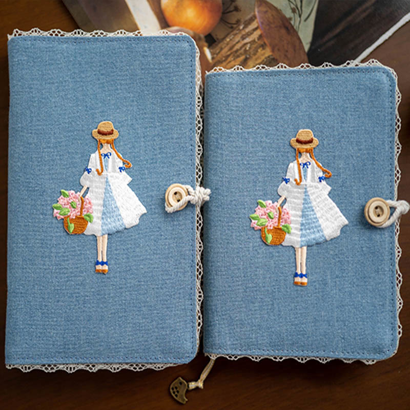 A6/ A5 Embroidered Girl And Flower Cloth Cover Notebook For Journal