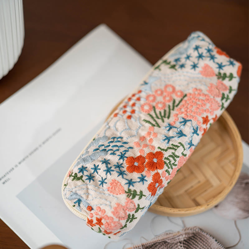 Cartoon Mountain Flower Pencil Case Embroidery Linen Stationery Supplies