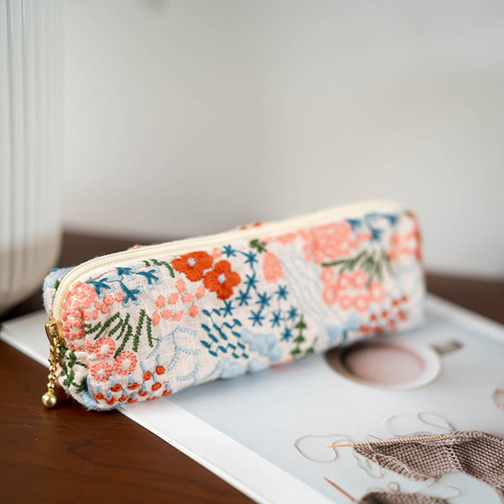 Cartoon Mountain Flower Pencil Case Embroidery Linen Stationery Supplies