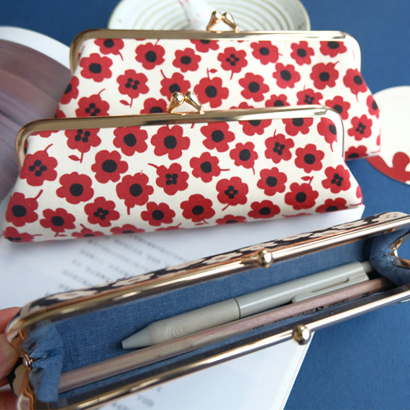 Red White Flowers Pencil Case For Stationery Supplies