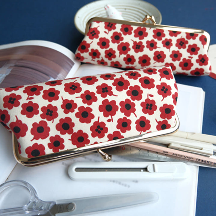 Red White Flowers Pencil Case For Stationery Supplies