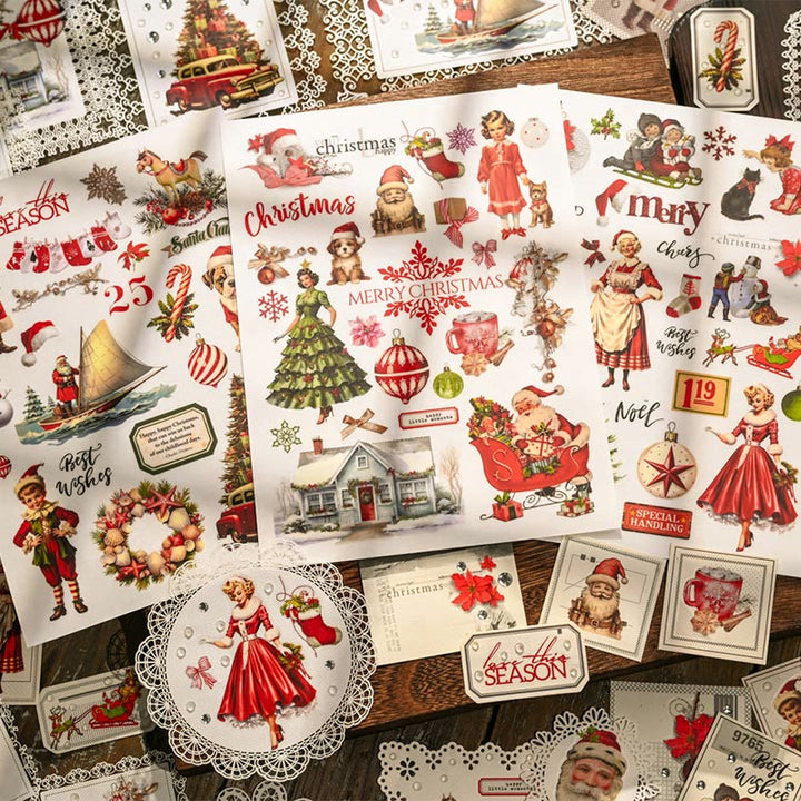 Retro Christmas Theme Rub-on Sticker Xmas Santa Snowflake Transfer Stickers