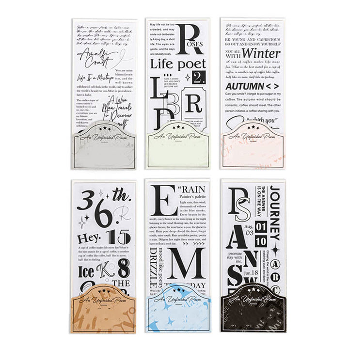 Unfinished Poem Series 3 Sheets Words Text Rub-on Transfers Stickers