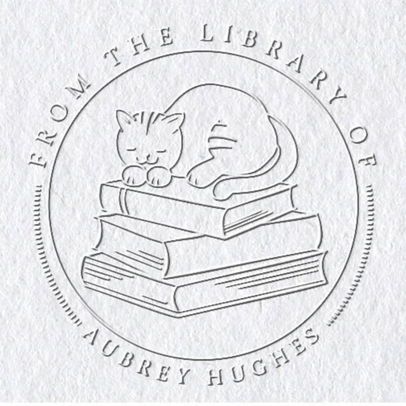 Personalized Cat Sleeping On Book Embosser Stamp With Name And Text