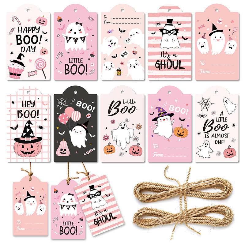 60pcs Set Pink Halloween Theme Greeting Gift Tag With Rope