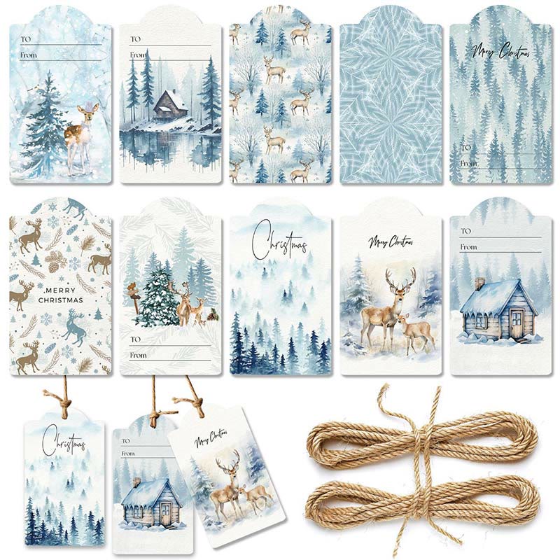 60pcs Set Winter Ice Forest Theme Greeting Gift Tag With Rope