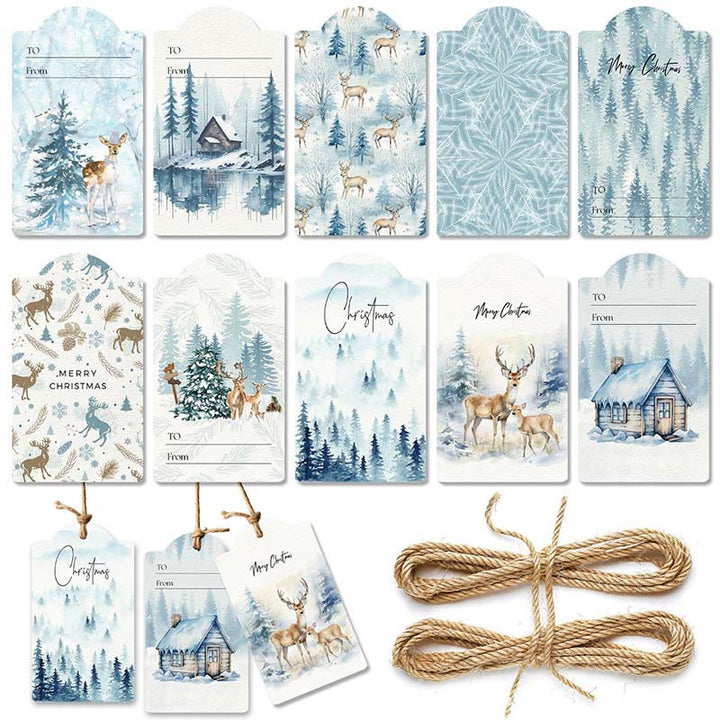 60pcs Set Winter Ice Forest Theme Greeting Gift Tag With Rope