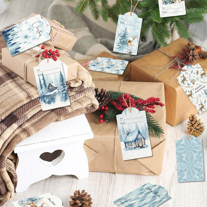 60pcs Set Winter Ice Forest Theme Greeting Gift Tag With Rope