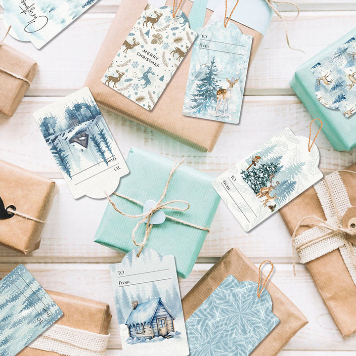 60pcs Set Winter Ice Forest Theme Greeting Gift Tag With Rope