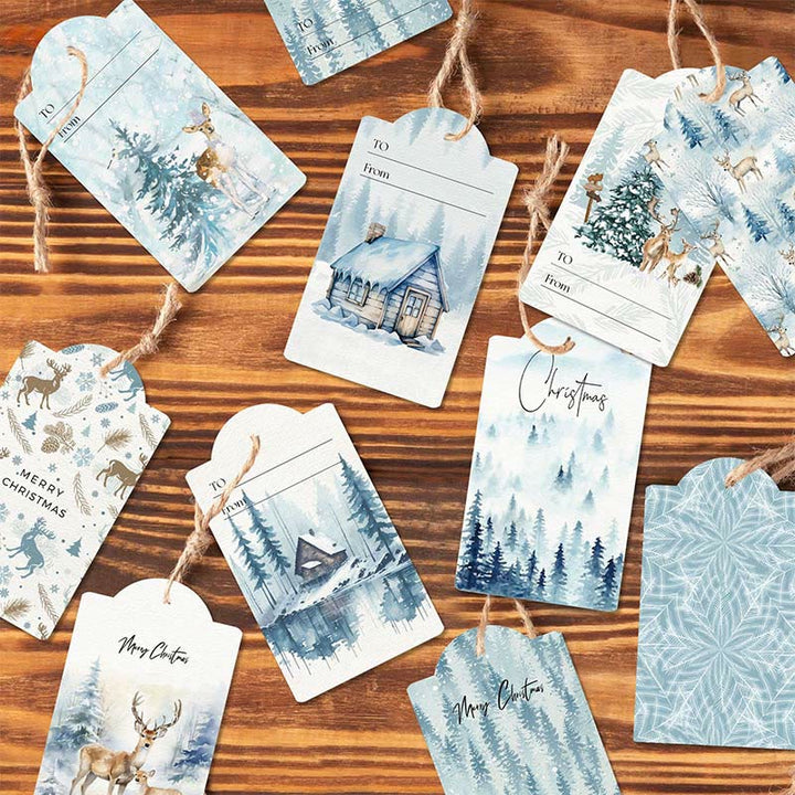 60pcs Set Winter Ice Forest Theme Greeting Gift Tag With Rope