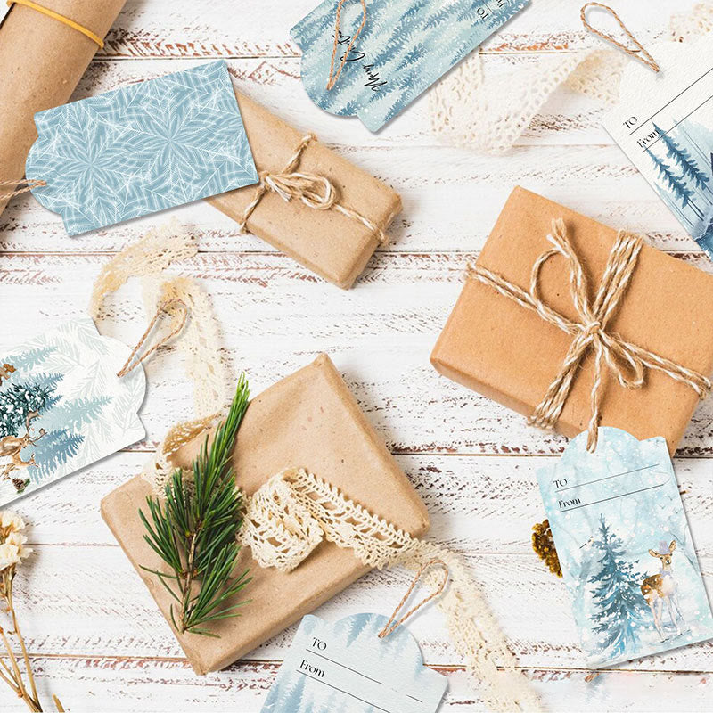 60pcs Set Winter Ice Forest Theme Greeting Gift Tag With Rope