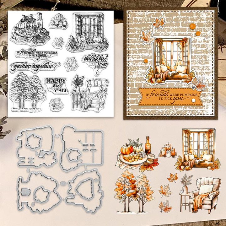 Vintage Manor Golder Autumn Style Clear Rubber Stamps and Cutting Dies Set