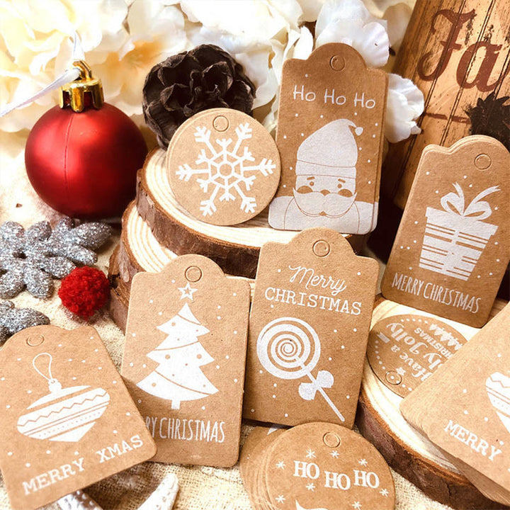 50pcs Kraft Paper Christmas Hanging Tags with String 10 Styles Mixed
