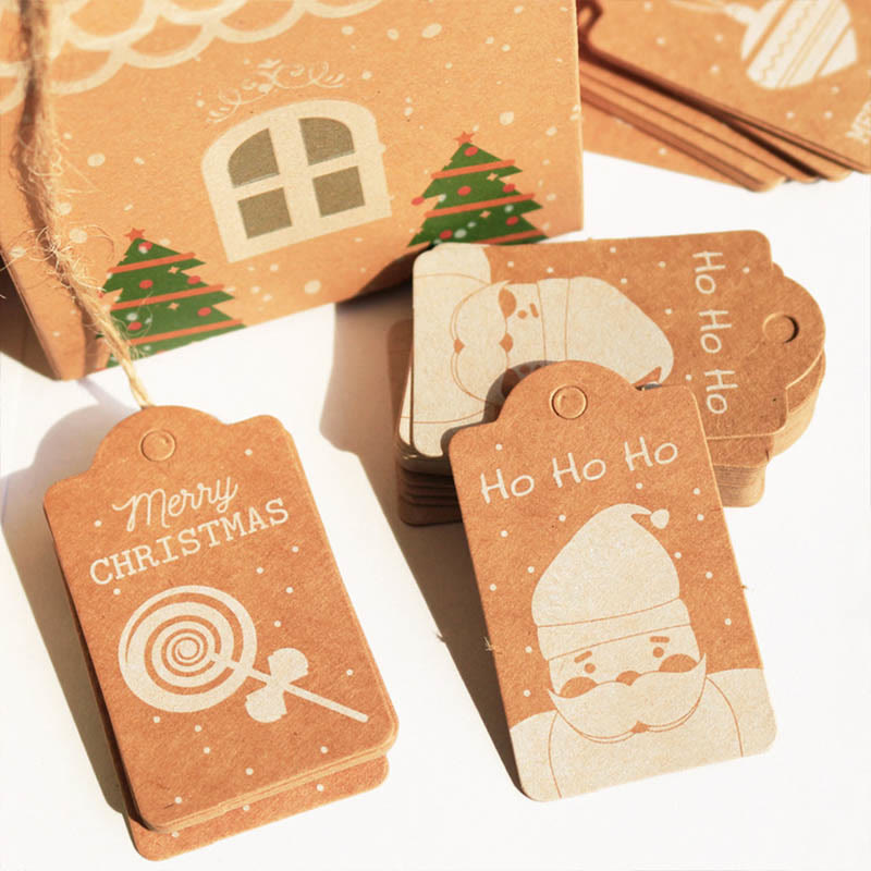 50pcs Kraft Paper Christmas Hanging Tags with String 10 Styles Mixed