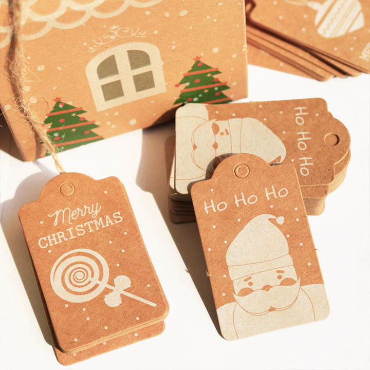 50pcs Kraft Paper Christmas Hanging Tags with String 10 Styles Mixed