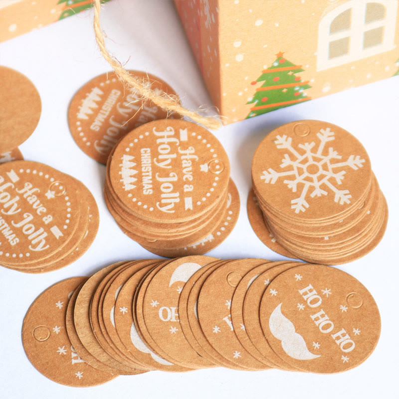50pcs Kraft Paper Christmas Hanging Tags with String 10 Styles Mixed