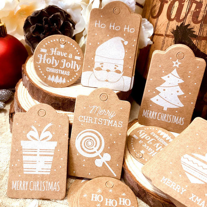 50pcs Kraft Paper Christmas Hanging Tags with String 10 Styles Mixed