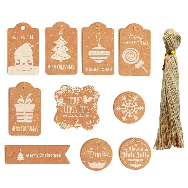 50pcs Kraft Paper Christmas Hanging Tags with String 10 Styles Mixed