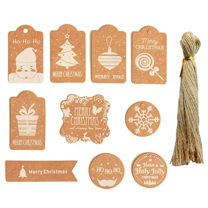 50pcs Kraft Paper Christmas Hanging Tags with String 10 Styles Mixed
