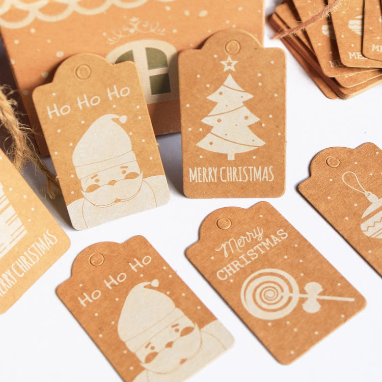 50pcs Kraft Paper Christmas Hanging Tags with String 10 Styles Mixed