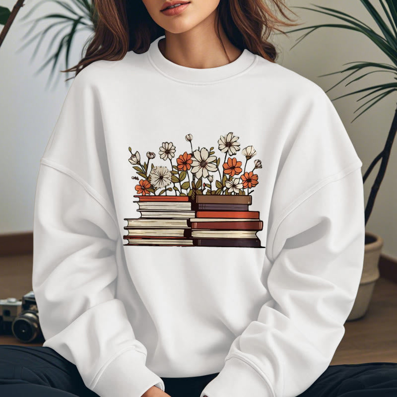 Books With Flowers Fleece Lined Sweatshirt Round Neck Sweatshirt