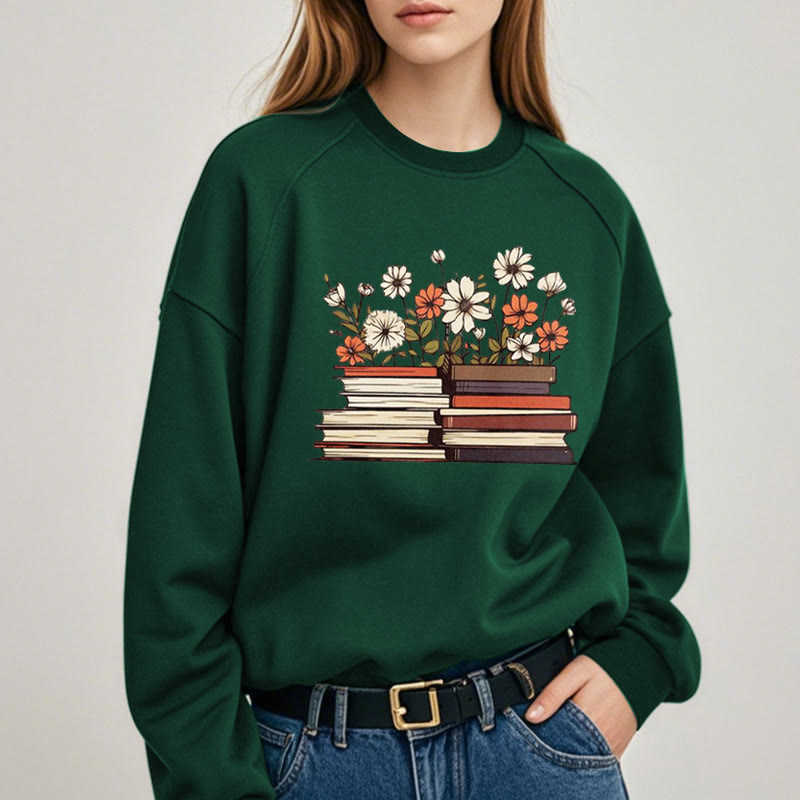 Books With Flowers Fleece Lined Sweatshirt Round Neck Sweatshirt