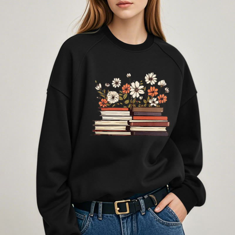 Books With Flowers Fleece Lined Sweatshirt Round Neck Sweatshirt