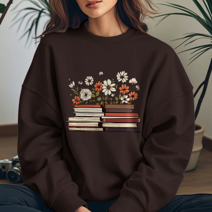 Books With Flowers Fleece Lined Sweatshirt Round Neck Sweatshirt