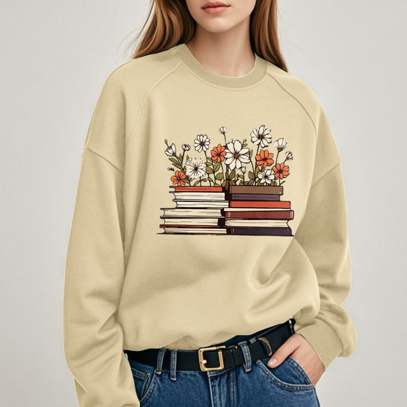 Books With Flowers Fleece Lined Sweatshirt Round Neck Sweatshirt