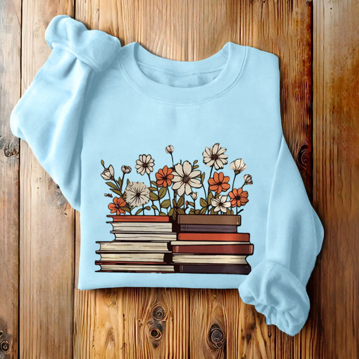 Books With Flowers Fleece Lined Sweatshirt Round Neck Sweatshirt