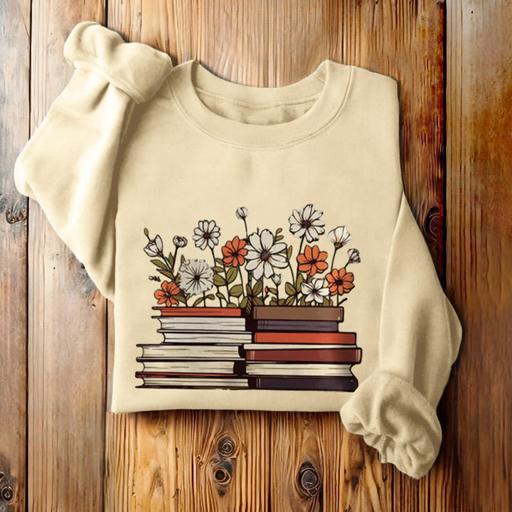 Books With Flowers Fleece Lined Sweatshirt Round Neck Sweatshirt