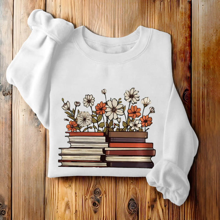 Books With Flowers Fleece Lined Sweatshirt Round Neck Sweatshirt